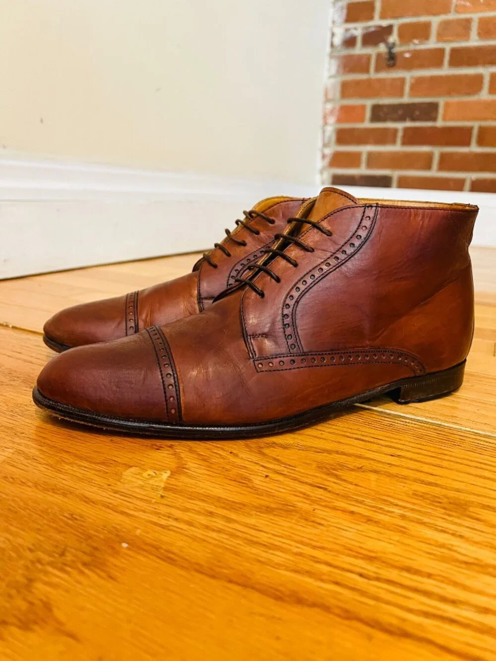 VTG Bostonian Oxford Ankle Boots Mens 9.5 Brown Leather Lace Up Chukka Italy